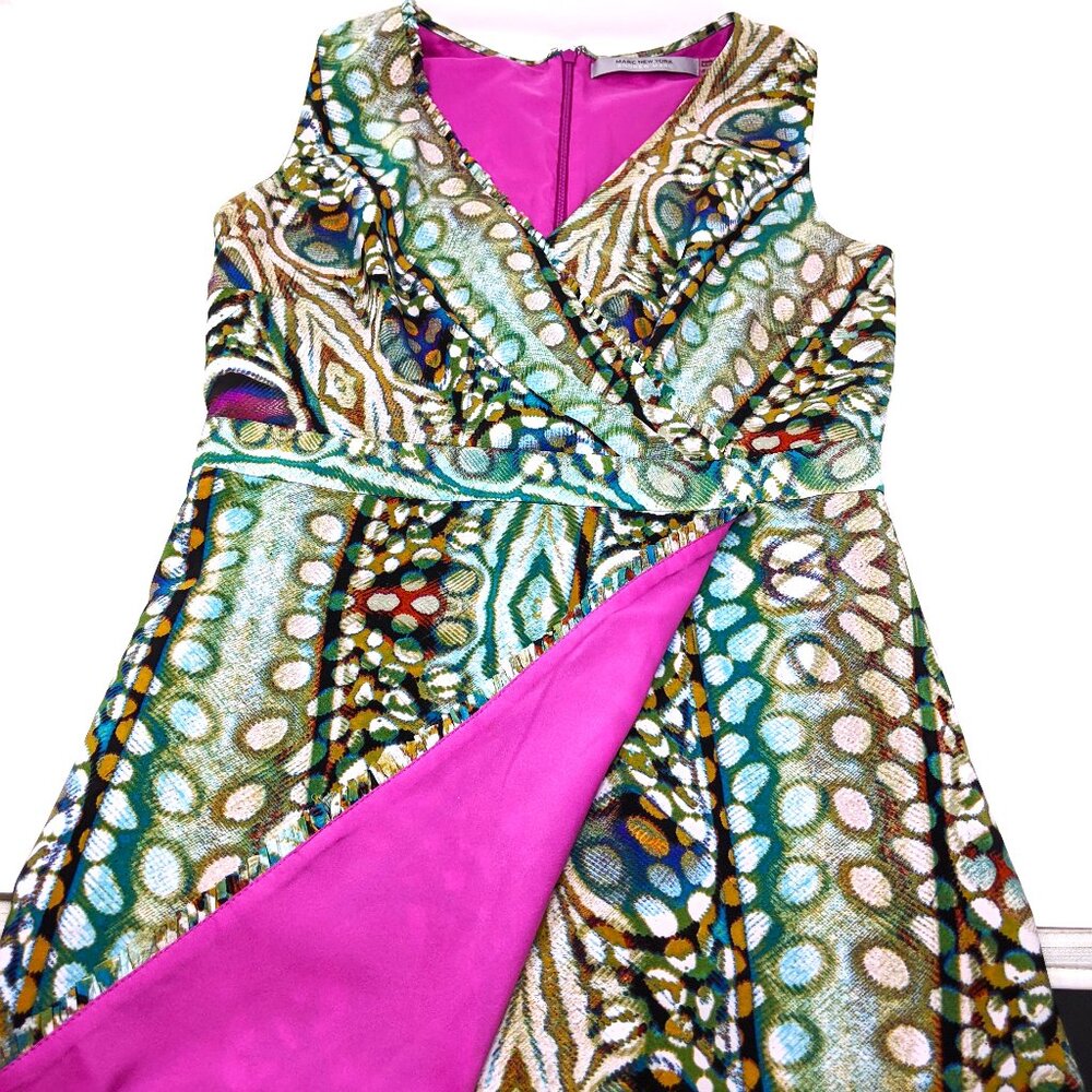 Andrew Marc New York Sleeveless Dress Peacock Print Faux Wrap Size 4